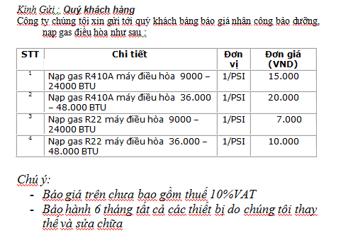 Chi phí bổ sung gas điều hòa của công ty